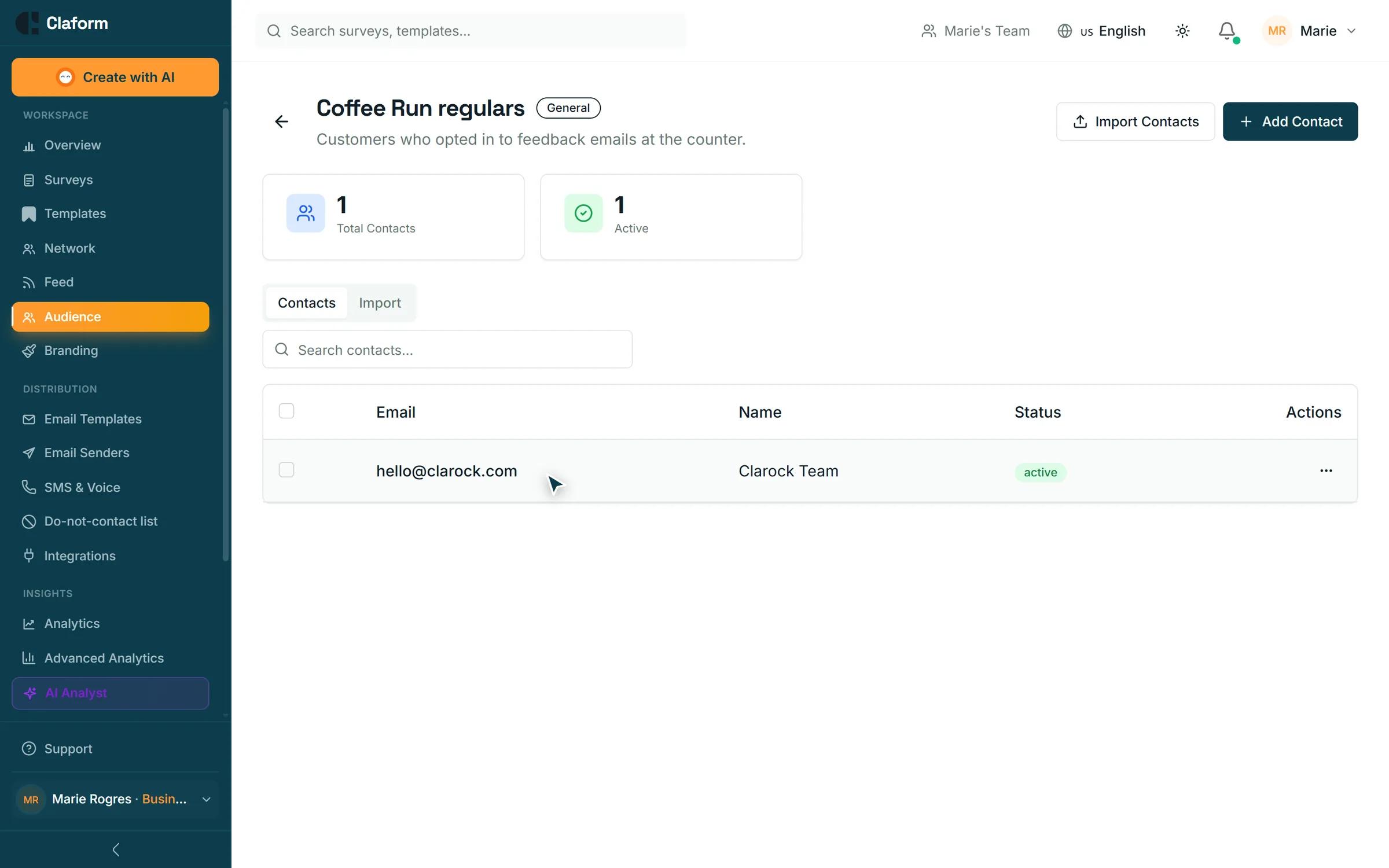 Une liste de contacts dans Claform
