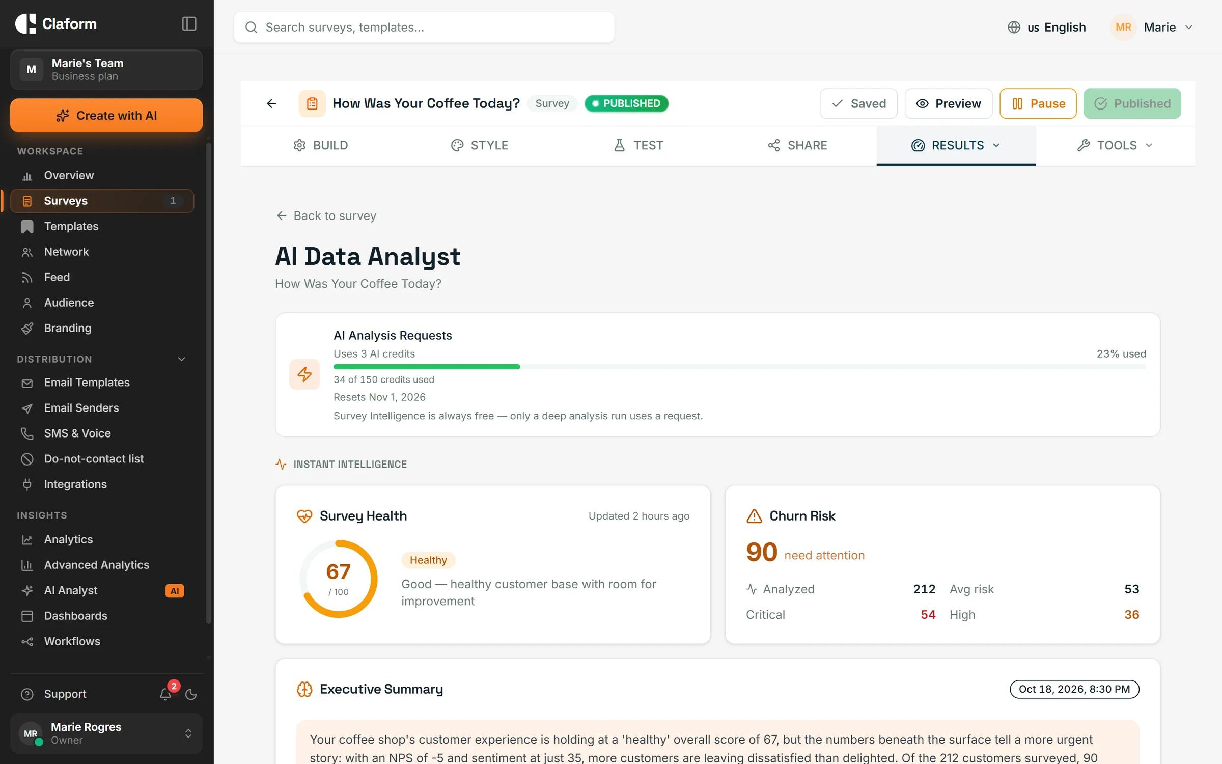The AI Analyst with survey health, churn risk and an executive summary