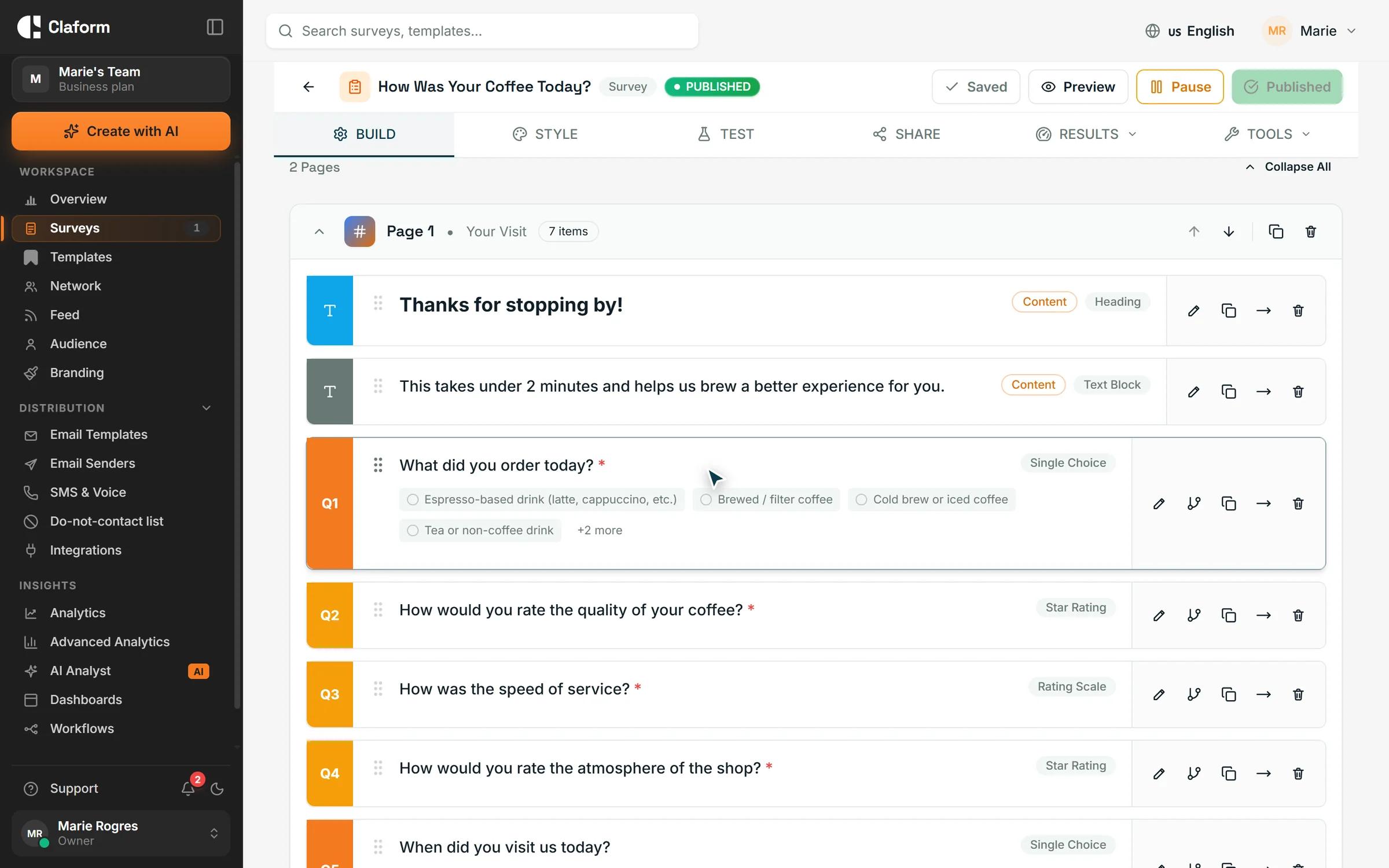 The Claform survey builder with questions and logic