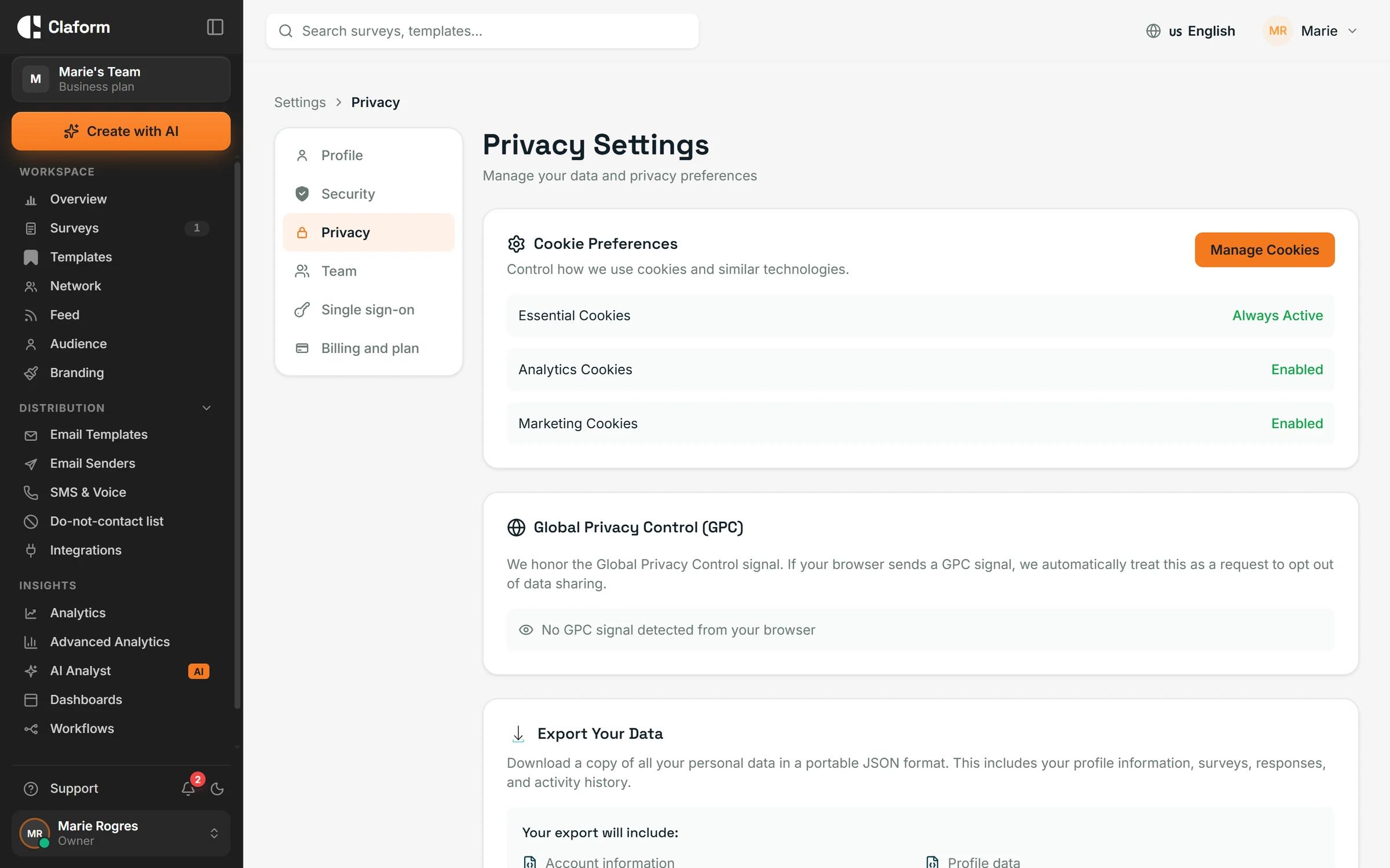 Claform survey settings showing privacy and data controls