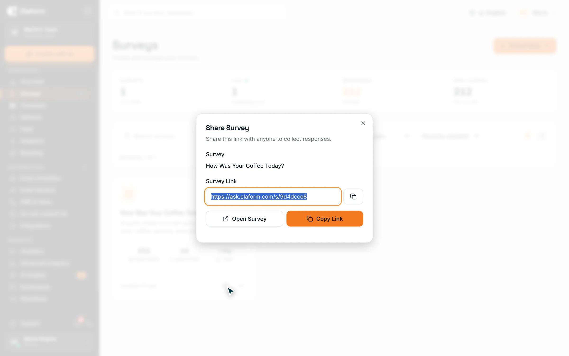 Sharing a published survey: copy its link or open it