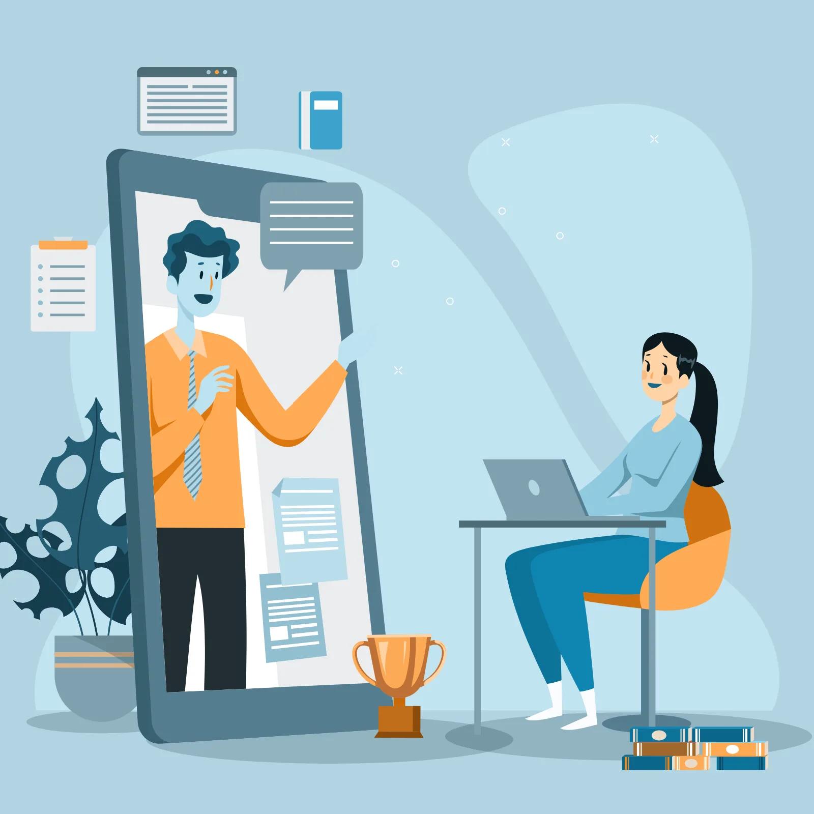 Illustration of a teacher and students in an online class