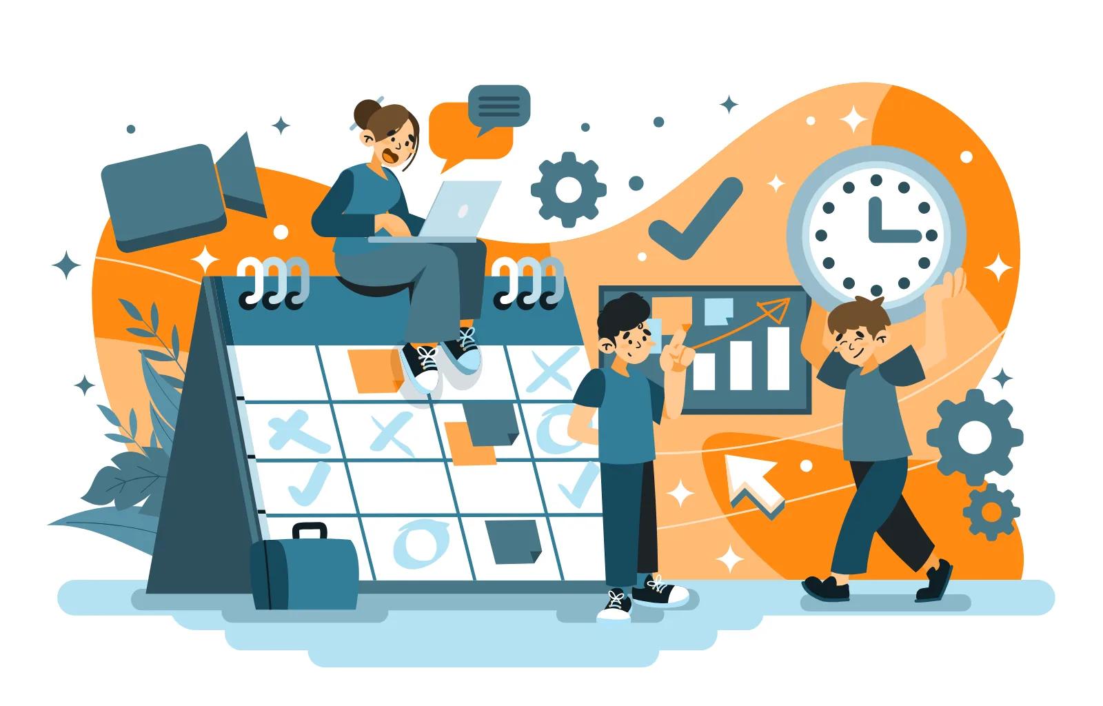 Illustration of a team organizing work on a shared schedule