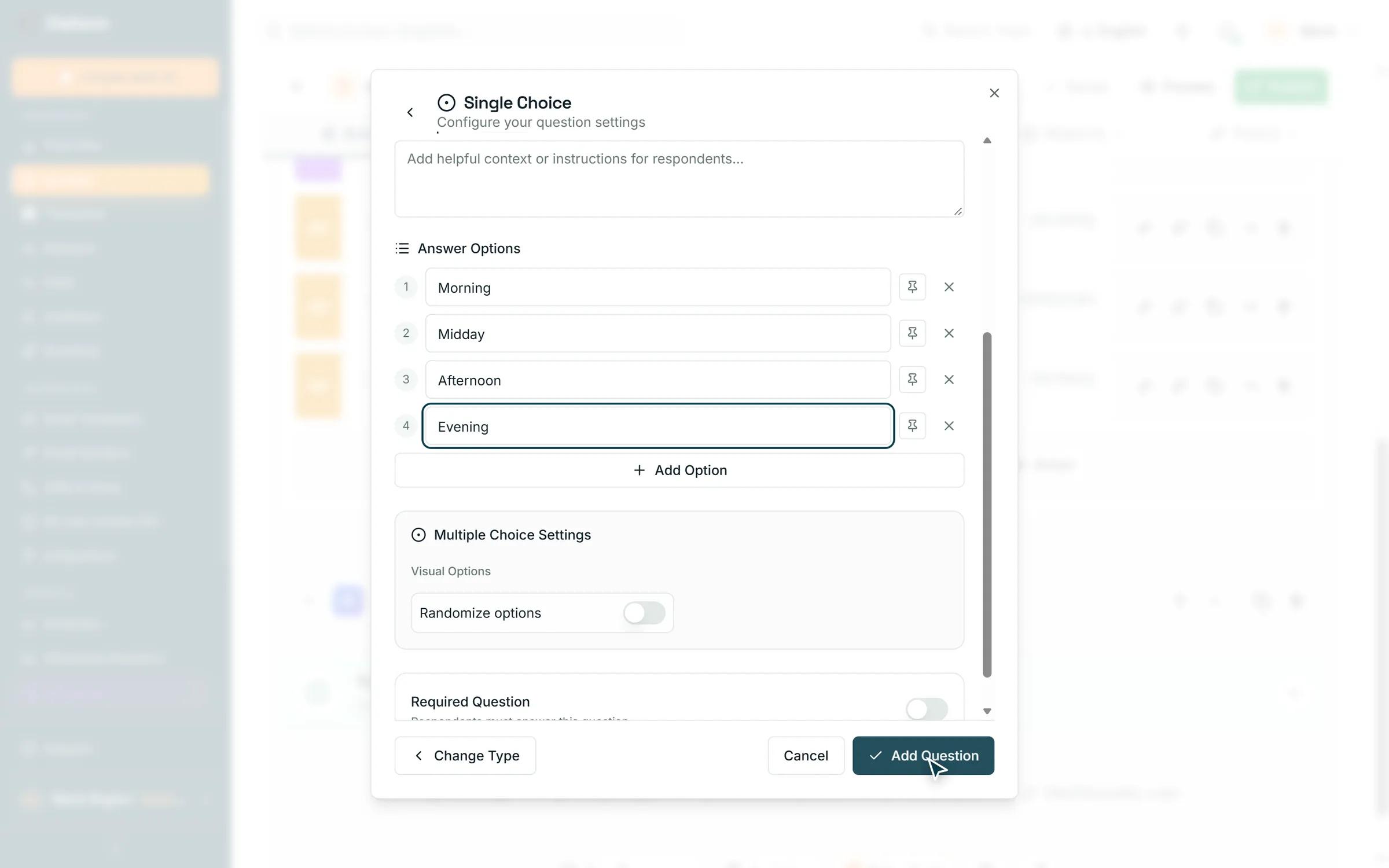 Adding a question in the Claform survey builder